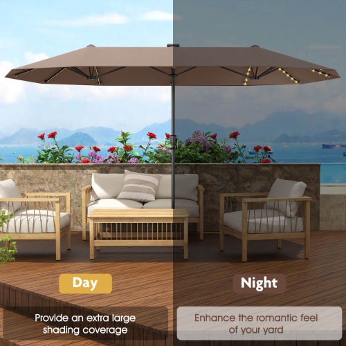 Costway 13 FT Large Patio Umbrella with LED Solar Lights Crank Handle 12 Heavy-Duty Ribs Beige/Brown/Gray/Navy/Orange/Wine