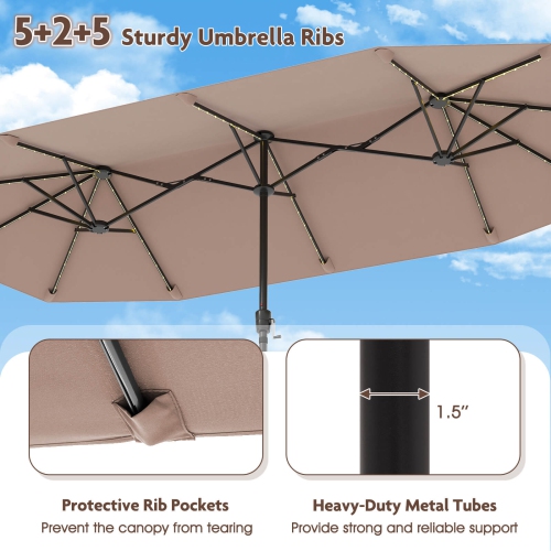 Costway 13 FT Large Patio Umbrella with LED Solar Lights Crank Handle 12 Heavy-Duty Ribs Beige/Brown/Gray/Navy/Orange/Wine
