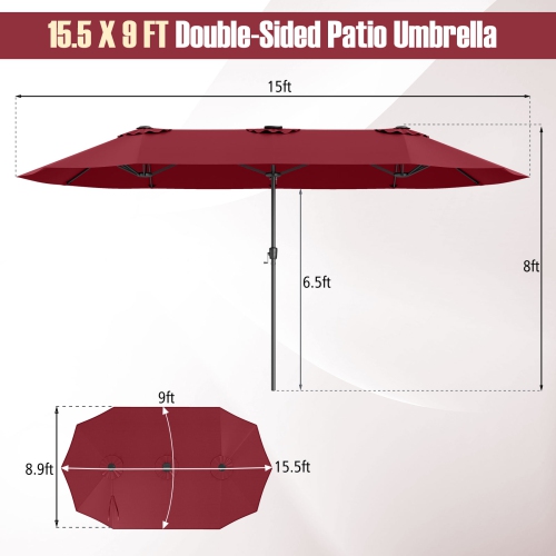 Très grand parasol patio 15,5 pi Costway, lampes solaires LED et 12 nervures robustes Beige/Orange/Brun/Gris/Bleu marine/Rouge