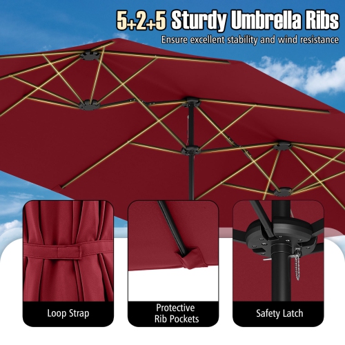 Très grand parasol patio 15,5 pi Costway, lampes solaires LED et 12 nervures robustes Beige/Orange/Brun/Gris/Bleu marine/Rouge
