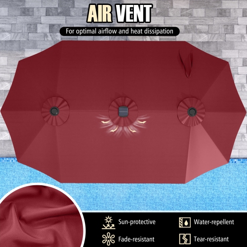 Très grand parasol patio 15,5 pi Costway, lampes solaires LED et 12 nervures robustes Beige/Orange/Brun/Gris/Bleu marine/Rouge