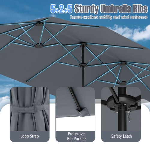 Très grand parasol patio 15,5 pi Costway, lampes solaires LED et 12 nervures robustes Beige/Orange/Brun/Gris/Bleu marine/Rouge