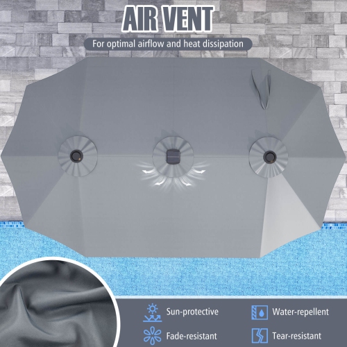 Très grand parasol patio 15,5 pi Costway, lampes solaires LED et 12 nervures robustes Beige/Orange/Brun/Gris/Bleu marine/Rouge