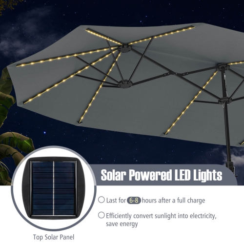 Très grand parasol patio 15,5 pi Costway, lampes solaires LED et 12 nervures robustes Beige/Orange/Brun/Gris/Bleu marine/Rouge