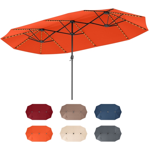 Très grand parasol patio 15,5 pi Costway, lampes solaires LED et 12 nervures robustes Beige/Orange/Brun/Gris/Bleu marine/Rouge