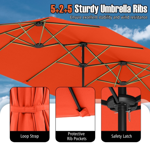 Très grand parasol patio 15,5 pi Costway, lampes solaires LED et 12 nervures robustes Beige/Orange/Brun/Gris/Bleu marine/Rouge