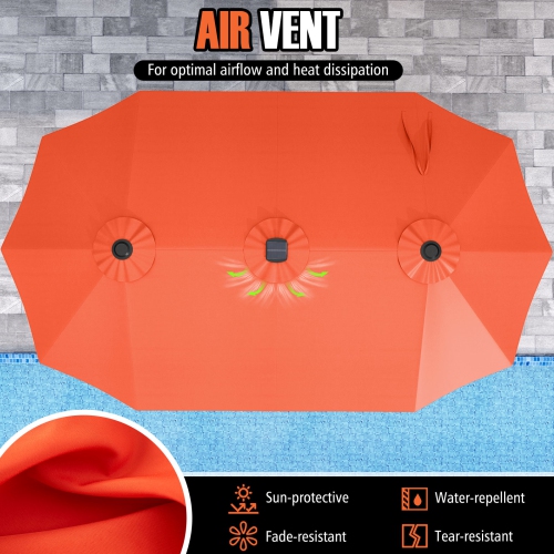 Très grand parasol patio 15,5 pi Costway, lampes solaires LED et 12 nervures robustes Beige/Orange/Brun/Gris/Bleu marine/Rouge