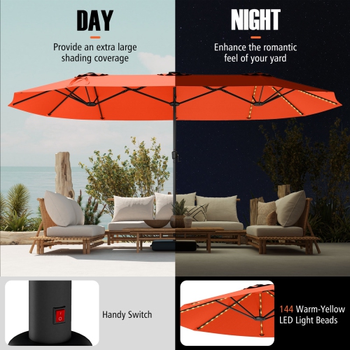 Très grand parasol patio 15,5 pi Costway, lampes solaires LED et 12 nervures robustes Beige/Orange/Brun/Gris/Bleu marine/Rouge