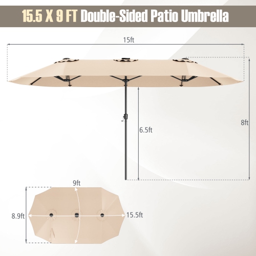 Très grand parasol patio 15,5 pi Costway, lampes solaires LED et 12 nervures robustes Beige/Orange/Brun/Gris/Bleu marine/Rouge