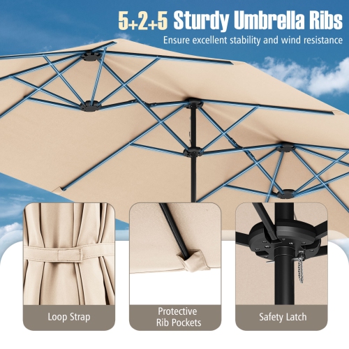 Très grand parasol patio 15,5 pi Costway, lampes solaires LED et 12 nervures robustes Beige/Orange/Brun/Gris/Bleu marine/Rouge