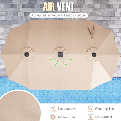 Très grand parasol patio 15,5 pi Costway, lampes solaires LED et 12 nervures robustes Beige/Orange/Brun/Gris/Bleu marine/Rouge