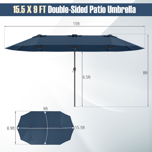 Très grand parasol patio 15,5 pi Costway, lampes solaires LED et 12 nervures robustes Beige/Orange/Brun/Gris/Bleu marine/Rouge