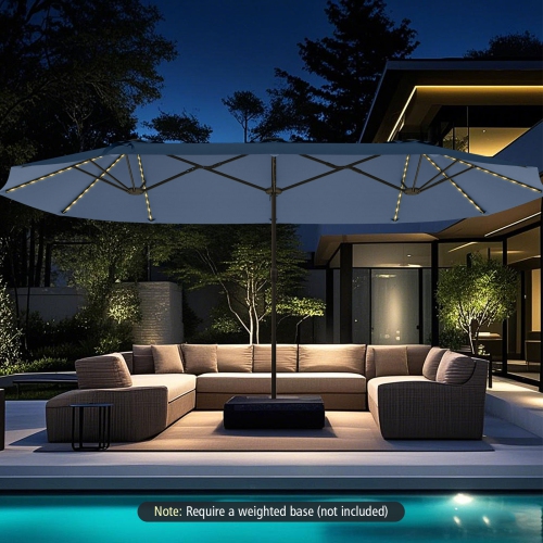 Très grand parasol patio 15,5 pi Costway, lampes solaires LED et 12 nervures robustes Beige/Orange/Brun/Gris/Bleu marine/Rouge