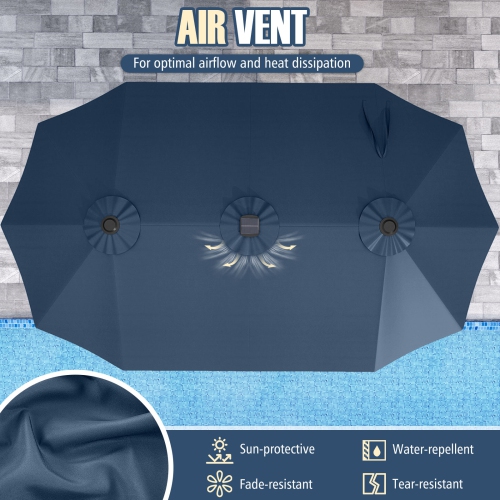 Très grand parasol patio 15,5 pi Costway, lampes solaires LED et 12 nervures robustes Beige/Orange/Brun/Gris/Bleu marine/Rouge