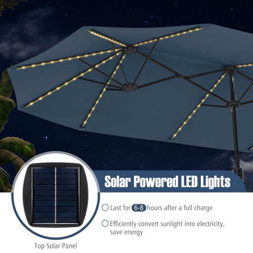 Très grand parasol patio 15,5 pi Costway, lampes solaires LED et 12 nervures robustes Beige/Orange/Brun/Gris/Bleu marine/Rouge
