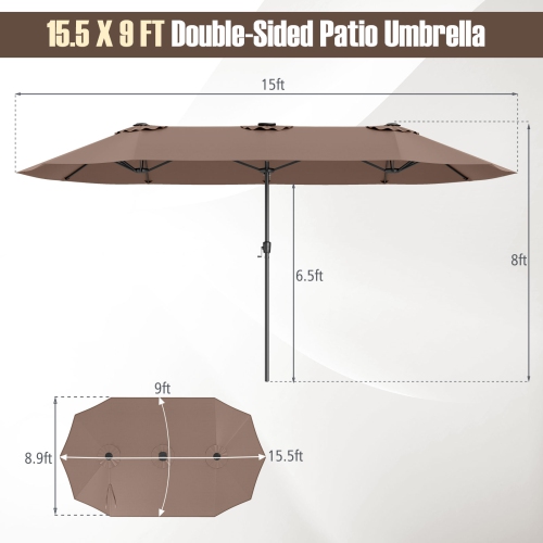 Très grand parasol patio 15,5 pi Costway, lampes solaires LED et 12 nervures robustes Beige/Orange/Brun/Gris/Bleu marine/Rouge