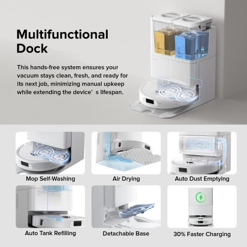 Roborock – Aspirateur robot et vadrouille QR 798 avec puissance d'aspiration de 10&nbsp;000 Pa et brosse latérale antienchevêtrement – Blanc