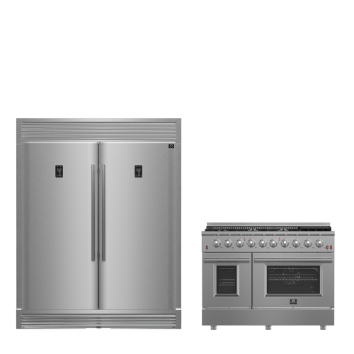 Ensemble de cuisine Forno Premium 2 pièces - Cuisinière biénergie en acier inoxydable Galiano 48&nbsp;po, réfrigérateur côte à côte convertible en