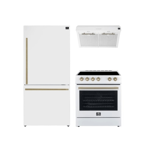 FORNO  Premium 3-Piece Kitchen Bundle - Leonardo Espresso 30" Range, 30" Range Hood, 31" Refrigerator - Fbdl-001-03Ca In White