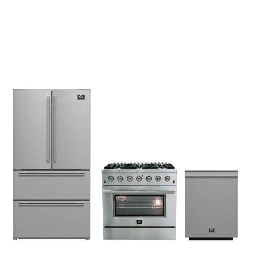 Image 1 de 10.. Ensemble de cuisine Forno Premium 3 pièces - Cuisinière au gaz Galiano de 36&nbsp;po, réfrigérateur à deux portes de 36&nbsp;po, lave-vaisselle