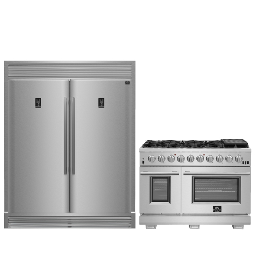 Ensemble de cuisine Forno Premium 2 pièces - Cuisinière en acier inoxydable Capriasca 48&nbsp;po, réfrigérateur double convertible Rizzuto 60&nbsp;po