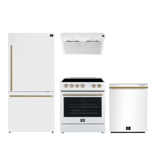 FORNO Premium 4-Piece Kitchen Bundle - Leonardo Espresso 30" White Range, 30" White Range Hood, 31" White Bottom Freezer Refrigerator, 24" White