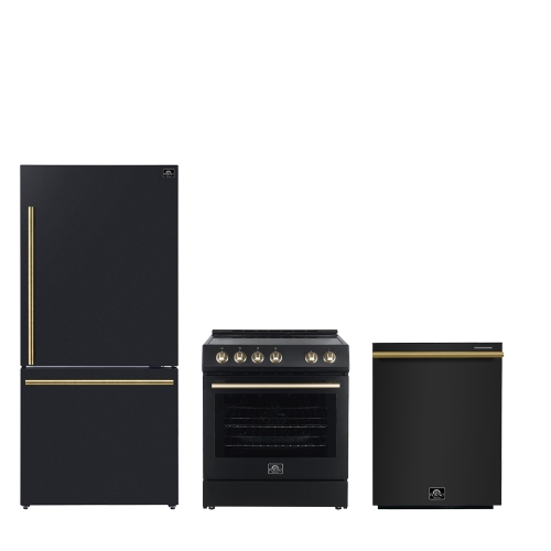 Image 1 de 10.. Ensemble de cuisine Forno Premium 3 pièces - Cuisinière noire 30&nbsp;po, réfrigérateur congélateur inférieur noir 31&nbsp;po, lave-vaisselle