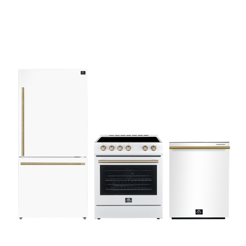 FORNO Premium 3-Piece Kitchen Bundle - Leonardo Espresso 30" White Range, 31" White Bottom Freezer Refrigerator, 24" White Built-In Dishwasher -