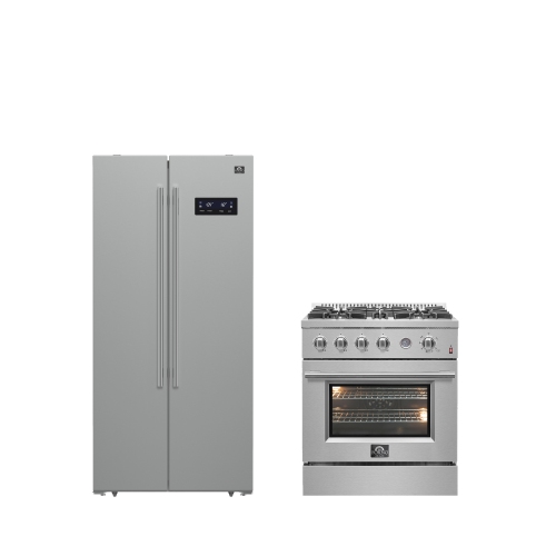 Image 1 de 7.. Ensemble de cuisine Forno Premium 2 pièces - Cuisinière à gaz de 30&nbsp;po de Marco en acier inoxydable, réfrigérateur côte à côte de 33&nbsp;po en