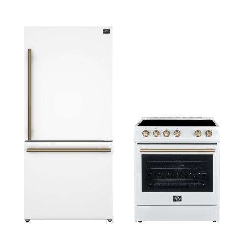 Image 1 de 7.. Ensemble de cuisine Forno Premium 2 pièces - Cuisinière blanche 30&nbsp;po, réfrigérateur congélateur inférieur blanc 31&nbsp;po - FBDL-003-03CA