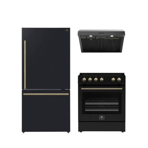 Image 1 de 10.. Ensemble de cuisine Forno Premium 3 pièces - Cuisinière noire Leonardo de 30&nbsp;po, hotte noire de 30&nbsp;po, réfrigérateur noir de 31&nbsp;po -