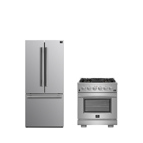 FORNO Premium 2-Piece Kitchen Bundle - Capriasca 30" Stainless Steel Range, Forno Gallipoli 30" French Door Refrigerator with Bottom Freezer 17.5 cu.