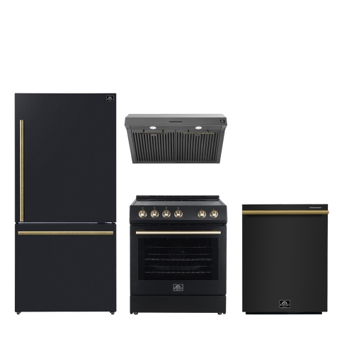 Image 1 de 10.. FORNO Premium 4-Piece Kitchen Bundle - Leonardo Espresso 30" Black Range, 30" Black Range Hood, 31" Black Bottom Freezer Refrigerator, 24" Black