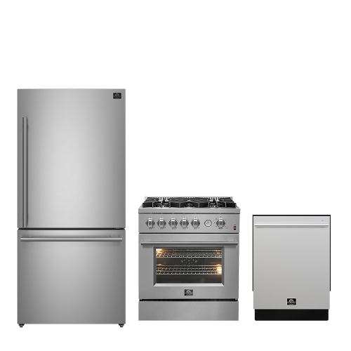 Image 1 de 10.. Ensemble de cuisine 3 pièces Forno Premium - Cuisinière à gaz de 30&nbsp;po, réfrigérateur à congélateur inférieur, lave-vaisselle encastrable, acier