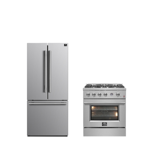 FORNO Premium 2-Piece Kitchen Bundle – Marco 30" Gas Range, Gallipoli 30" French Door Refrigerator with Bottom Freezer.