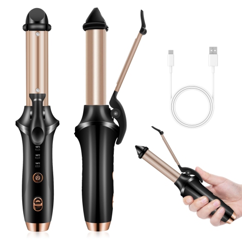 Cordless Curling Iron Mini Curling Flat Iron Hair Straightener Curler Rechargeable Wireless Hair Curling Iron-Gold