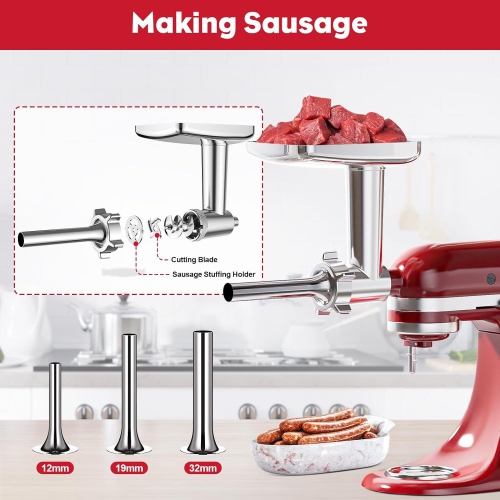 Broyeur à viande en métal pour batteur sur socle KitchenAid, poussoir à saucisses , avec presse à hamburger
