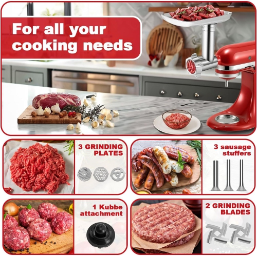 Broyeur à viande en métal pour batteur sur socle KitchenAid, poussoir à saucisses , avec presse à hamburger