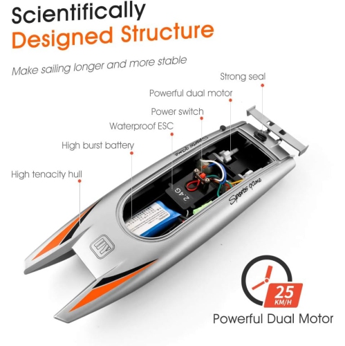 Bateau télécommandé pour enfants et adultes, 25&nbsp;km/H haute vitesse ​​Bateau de course, bateau téléguidé à 2 canaux 2,4 GHz avec deux moteurs