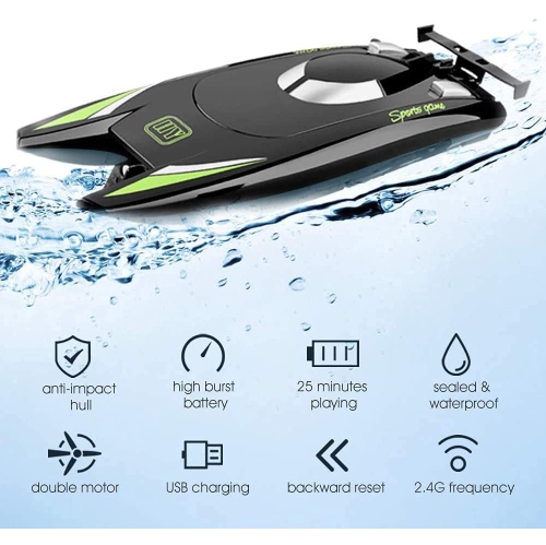 Bateau 2,4&nbsp;Hz RC Bateau pour enfants et adultes, vitesse élevée de plus de 20 mi/h. ​​Bateau, bateau de course à double moteur autoredresseur,