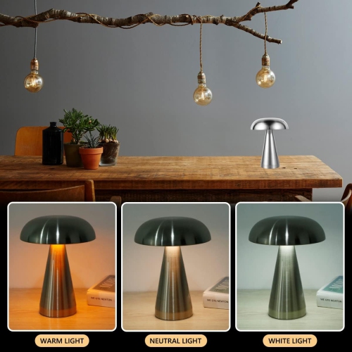 Lampe champignon en métal argenté - Trois couleurs à intensité réglable, batterie rechargeable 1800 mAh, 10 heures d'autonomie, réglage de la
