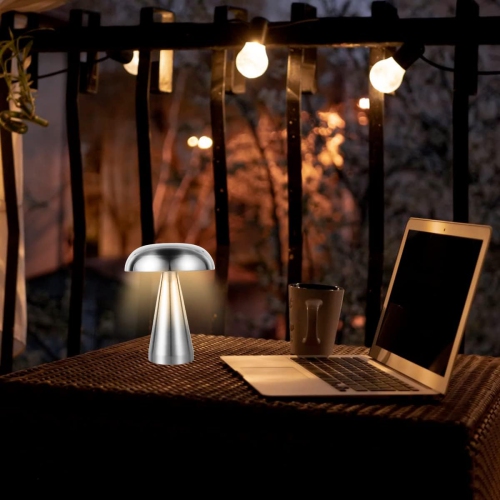 Lampe champignon en métal argenté - Trois couleurs à intensité réglable, batterie rechargeable 1800 mAh, 10 heures d'autonomie, réglage de la