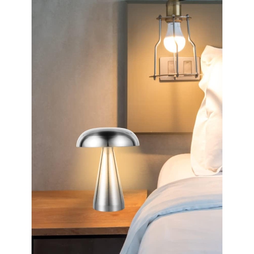 Lampe champignon en métal argenté - Trois couleurs à intensité réglable, batterie rechargeable 1800 mAh, 10 heures d'autonomie, réglage de la