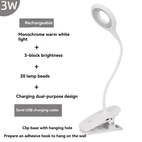 Three-level brightness USB rechargeable desk lamp, 360° dimmable hose, touch control with memory function, clip-on/hanging design, suitable for