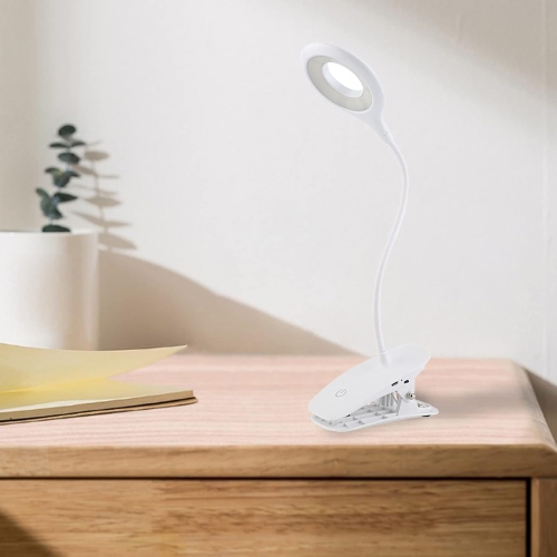 Three-level brightness USB rechargeable desk lamp, 360° dimmable hose, touch control with memory function, clip-on/hanging design, suitable for