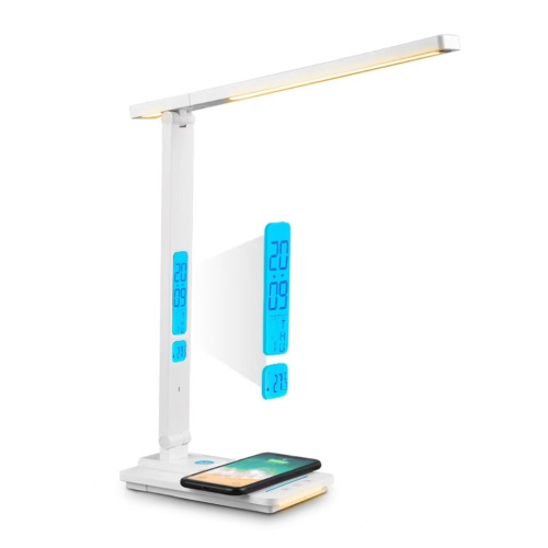 10W wireless charging LED desk lamp with calendar, alarm clock, night light, eye protection, five color temperatures, foldable design