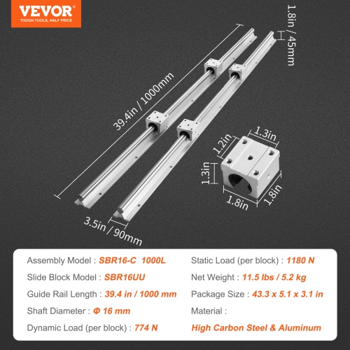 VEVOR SBR16 1000mm Linear Guide Rail Set, 2 PCS 39.4 in/1000 mm SBR16 Guide Rails and 4 PCS SBR16UU Slide Blocks, Linear Rails and Bearings Kit for