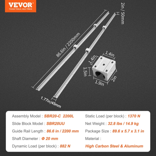 VEVOR SBR20 2200mm Linear Guide Rail Set, ,2 PCS 86.6 in/2200 mm SBR20 Guide Rails and 4 PCS SBR20UU Slide Blocks, Linear Rails and Bearings Kit for
