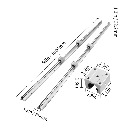 VEVOR SBR16 1500mm Linear Guide Rail Set, 2 PCS 59 in/1500 mm SBR16 Guide Rails and 4 PCS SBR16UU Slide Blocks, Linear Rails and Bearings Kit for