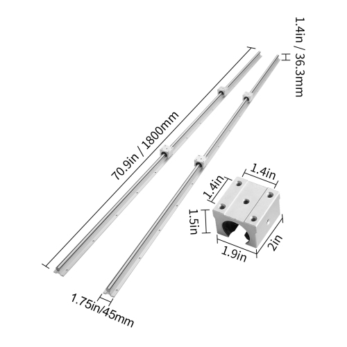 VEVOR SBR20 1800mm Linear Guide Rail Set, 2 PCS 70.9 in/1800 mm SBR20 Guide Rails and 4 PCS SBR20UU Slide Blocks, Linear Rails and Bearings Kit for